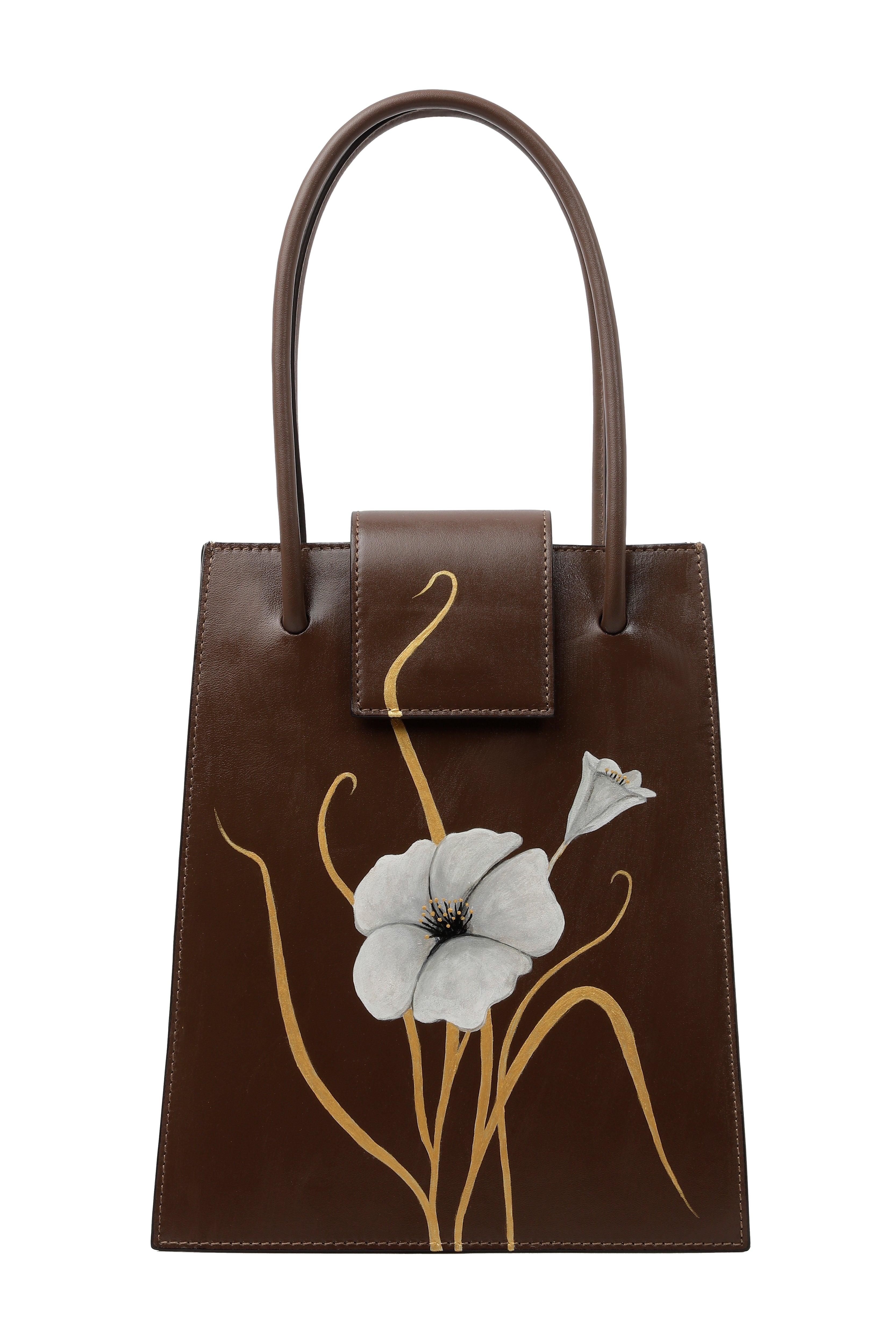 Whispering Poppies - Brown Leather Handle Bag - AnatolianCraft