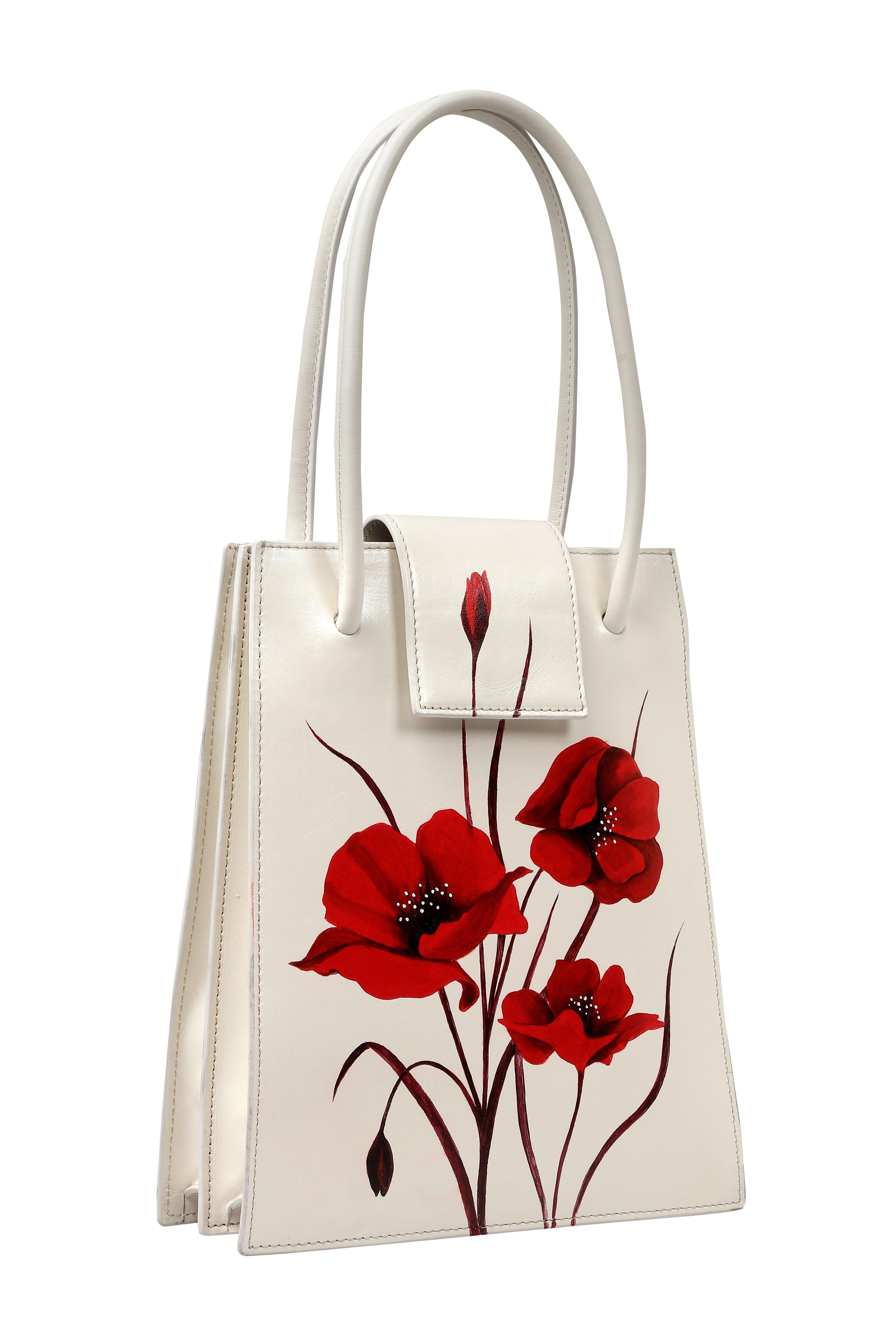 Whispering Poppies - Beige Leather Handle Bag - AnatolianCraft