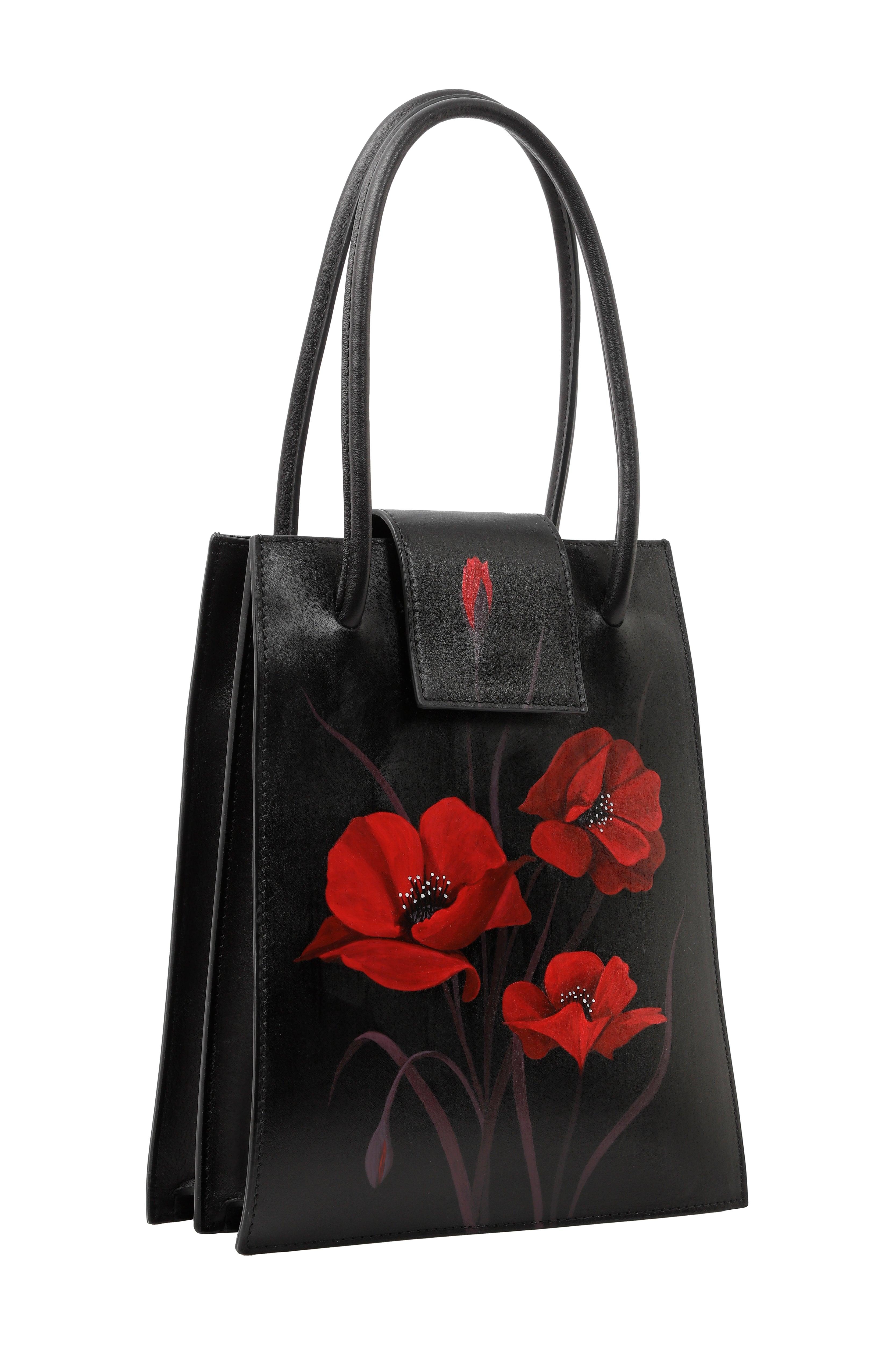 Whispering Poppies - Black Leather Handle Bag - AnatolianCraft
