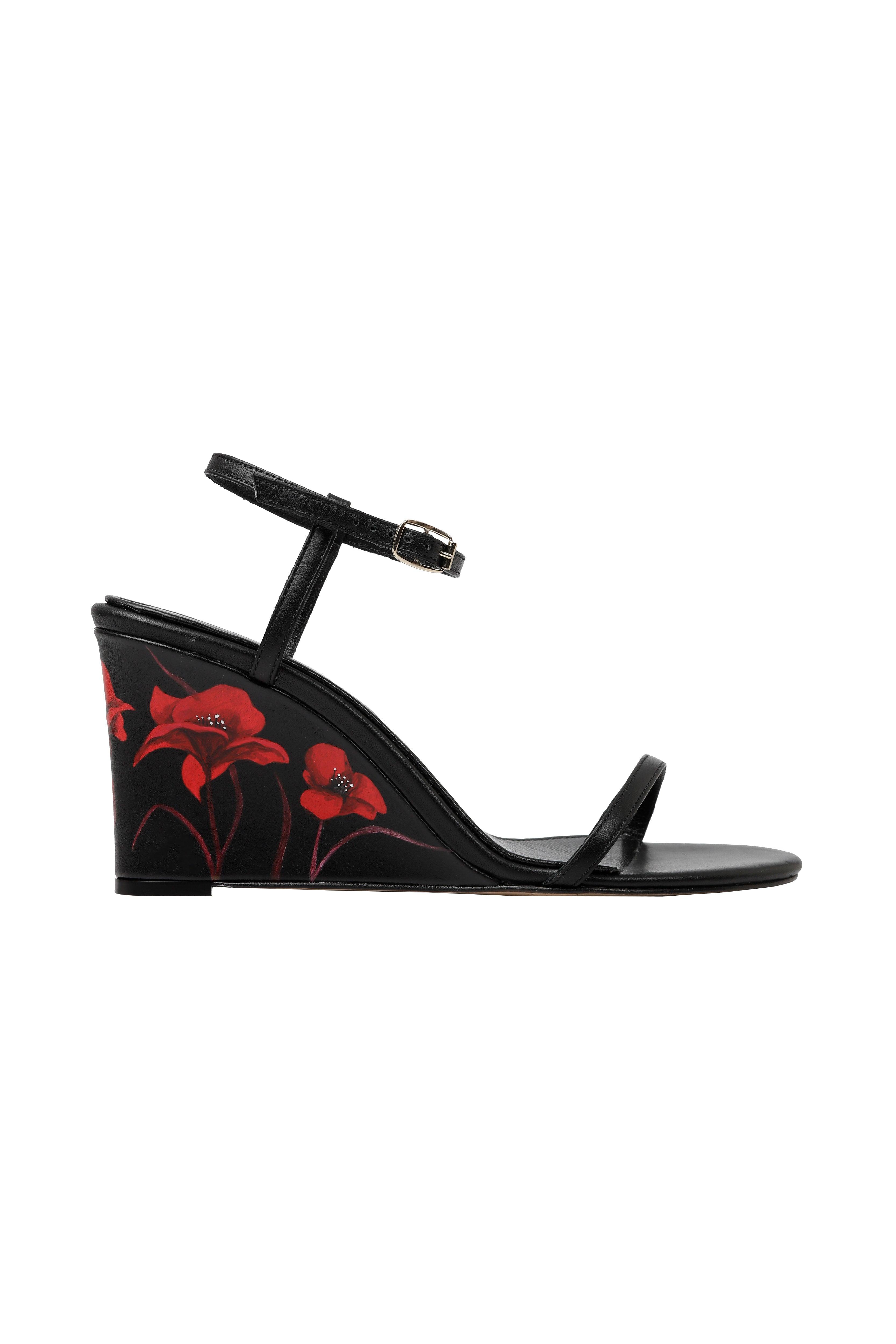 Whispering Poppies - Black Leather Wedged Sandals - AnatolianCraft