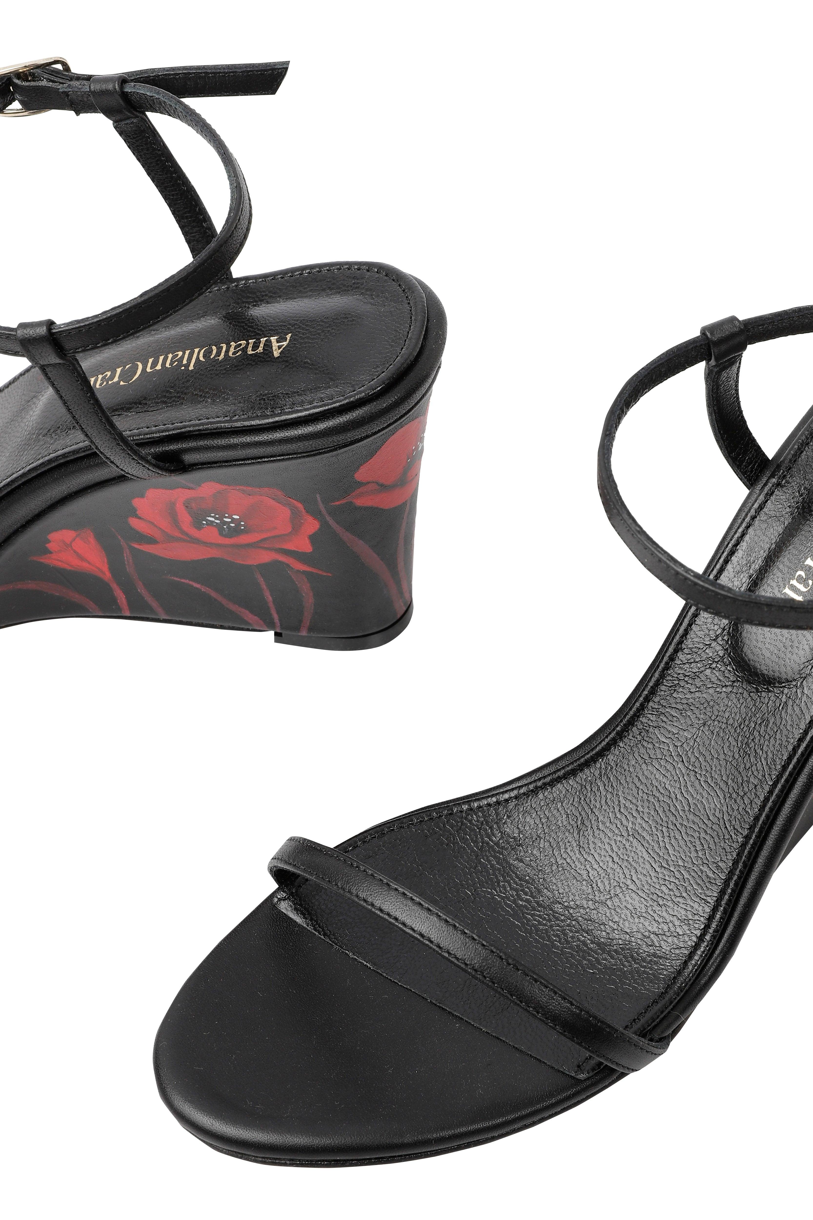 Whispering Poppies - Black Leather Wedged Sandals - AnatolianCraft