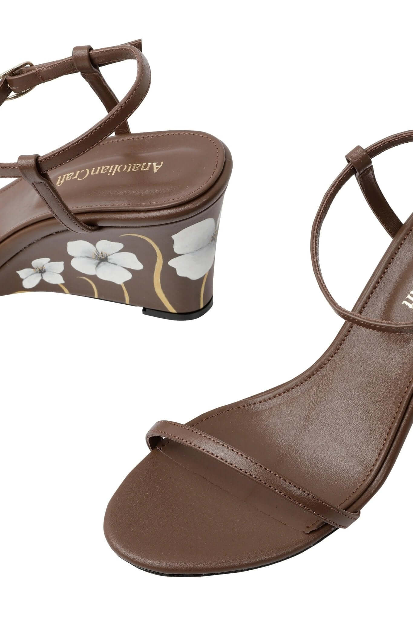 Whispering Poppies - Brown Leather Wedged Sandals - AnatolianCraft