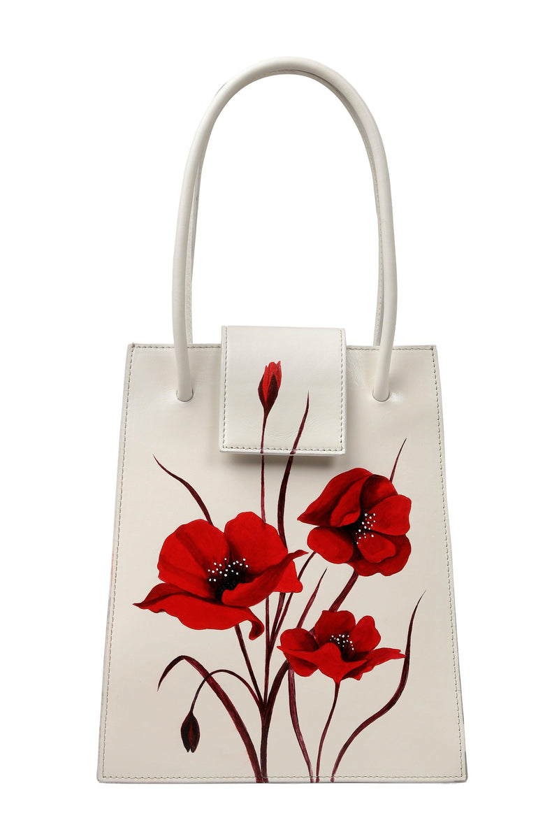 Whispering Poppies - Beige Leather Handle Bag - AnatolianCraft