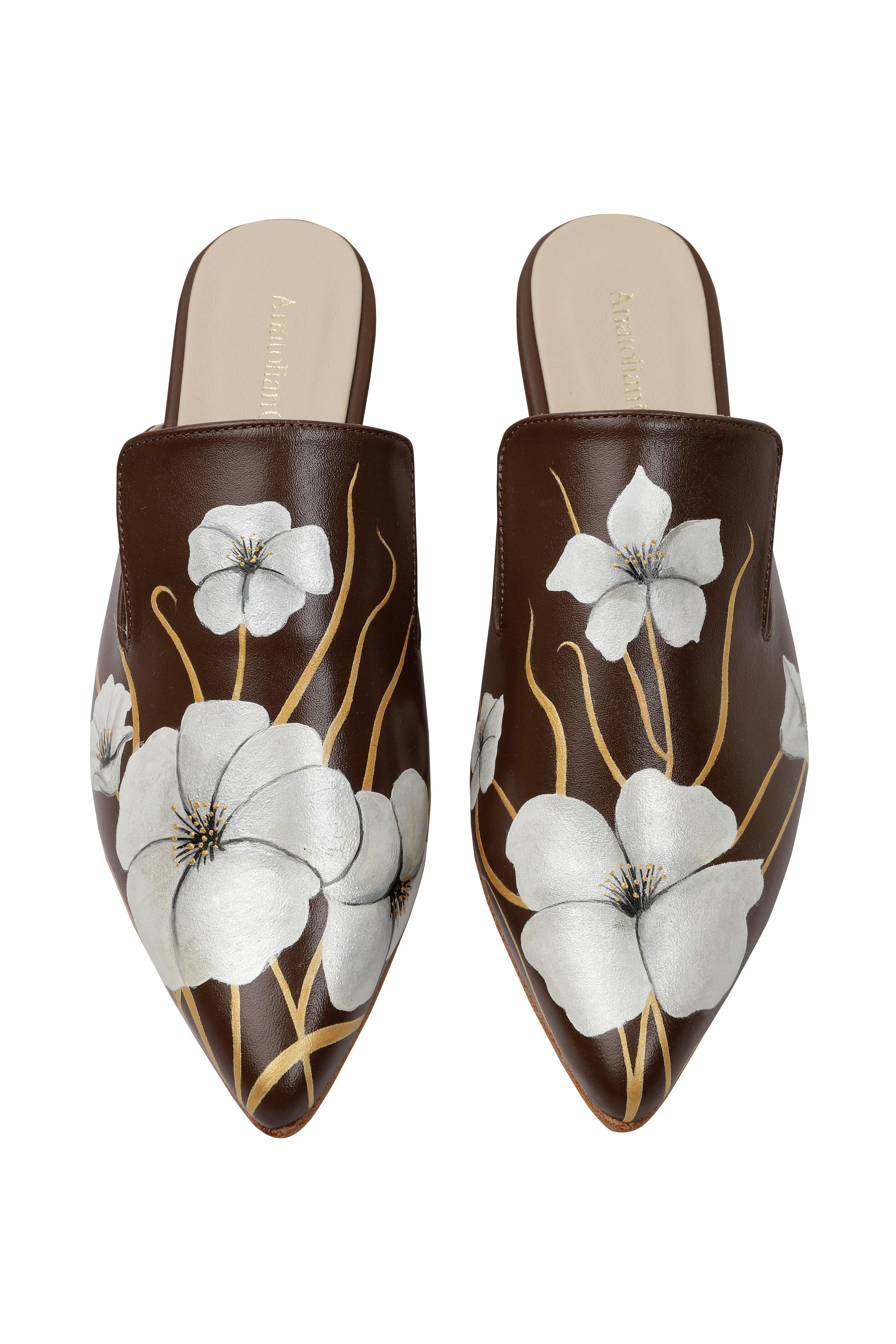 Whispering Poppies - Brown Leather Mules - AnatolianCraft