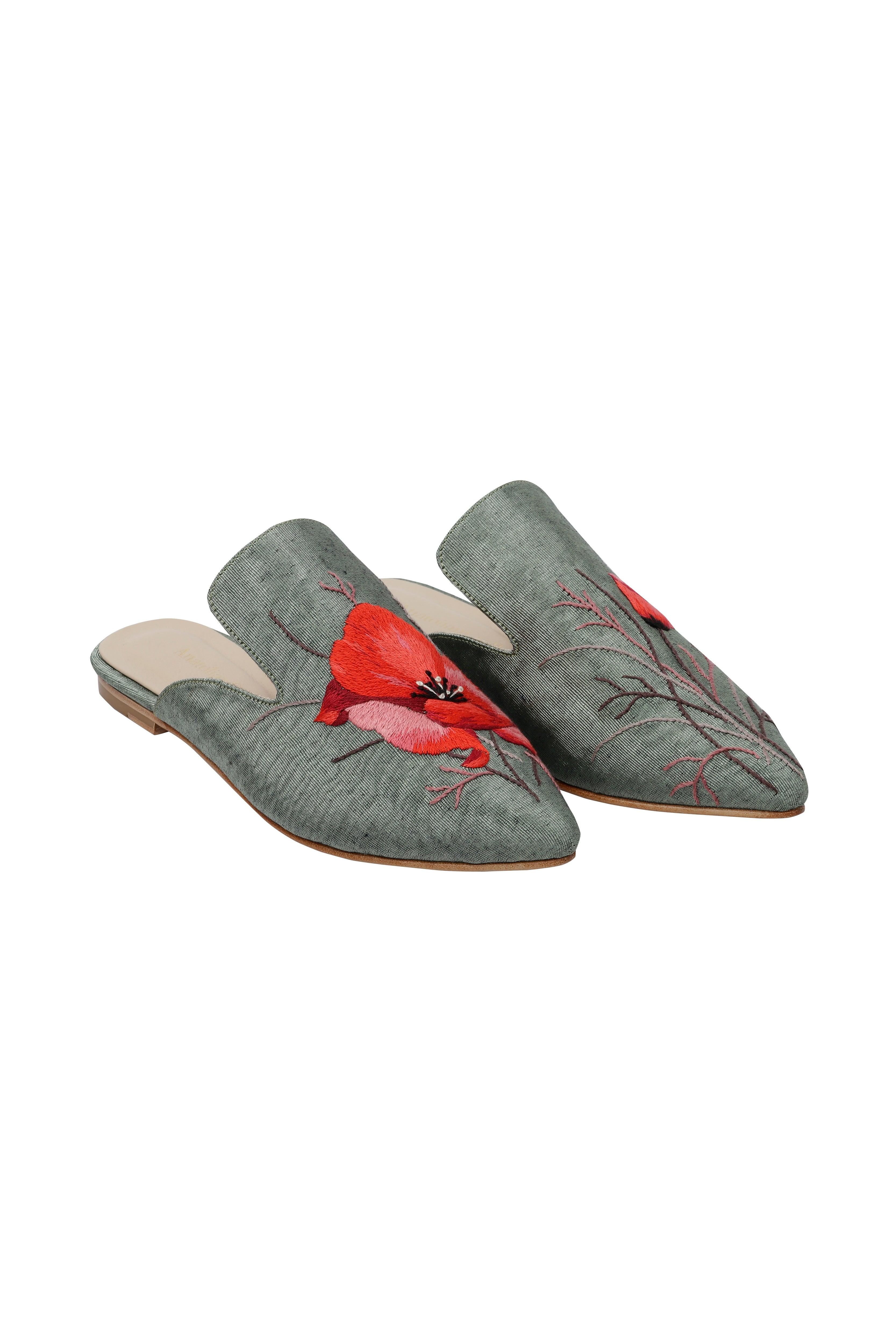 Whispering Poppies - Hand-Embroidered Limited Edition Mules - AnatolianCraft