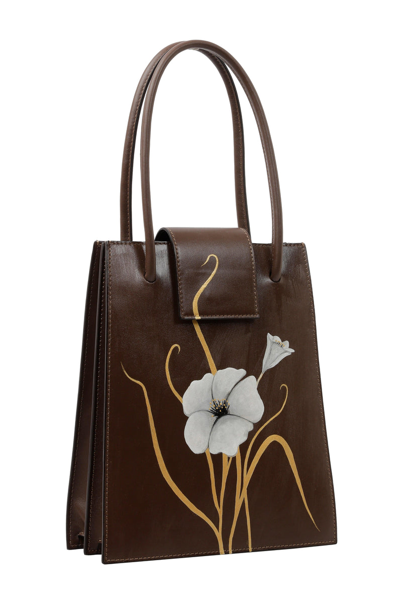 Whispering Poppies - Brown Leather Handle Bag - AnatolianCraft