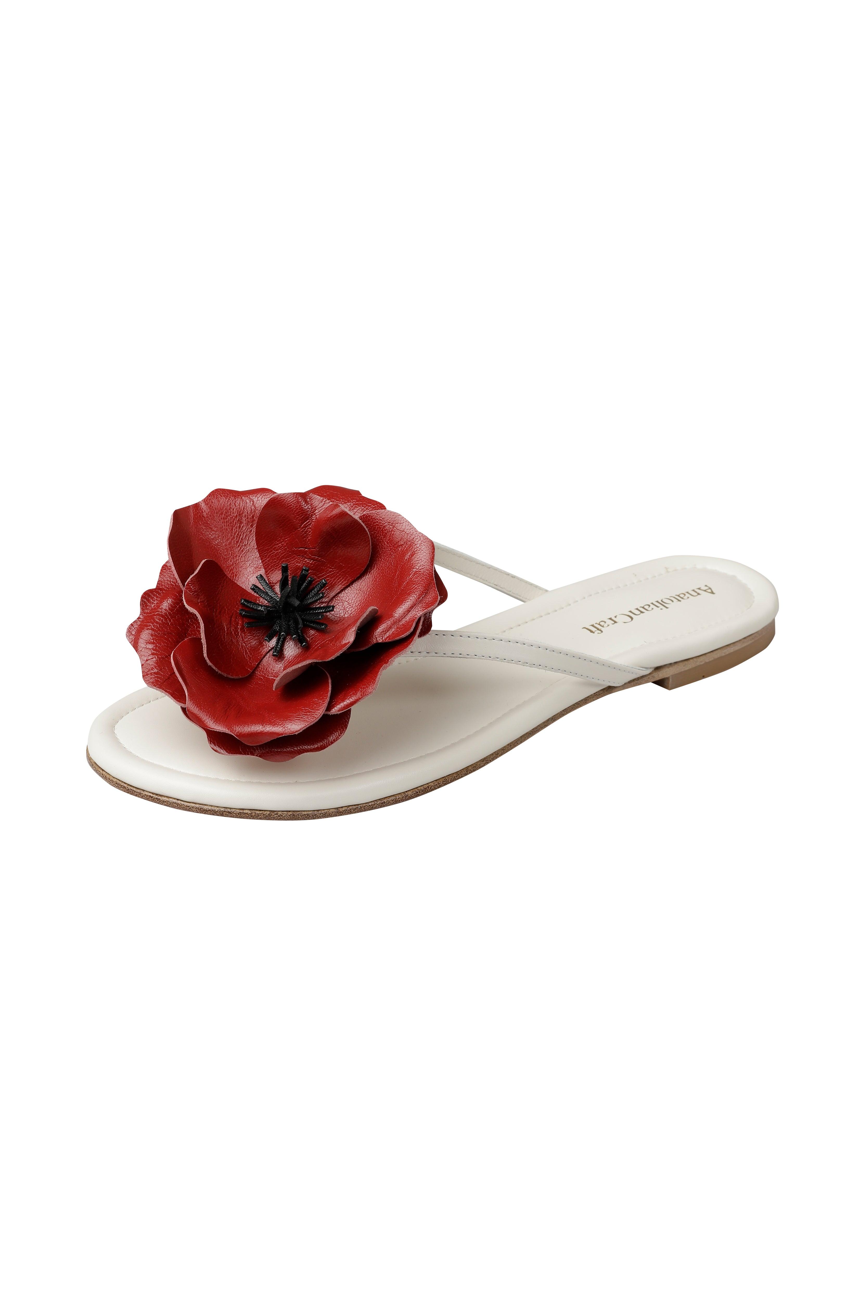 Whispering Poppies - Leather Flip Flops - AnatolianCraft