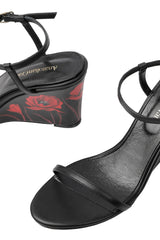Whispering Poppies - Black Leather Wedged Sandals - AnatolianCraft