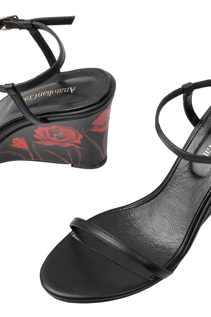 Whispering Poppies - Black Leather Wedged Sandals - AnatolianCraft