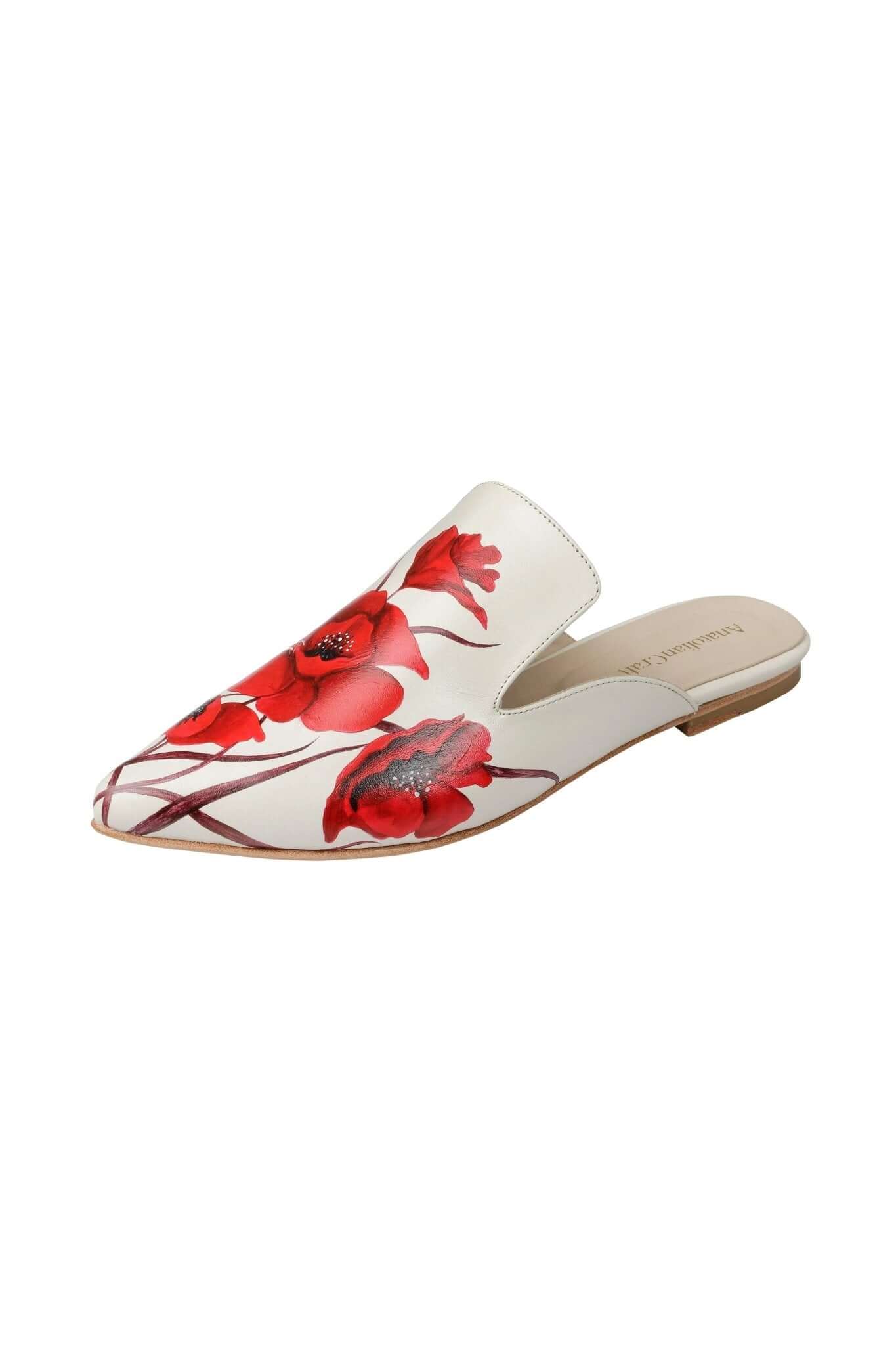 Whispering Poppies - Beige Leather Mules - AnatolianCraft