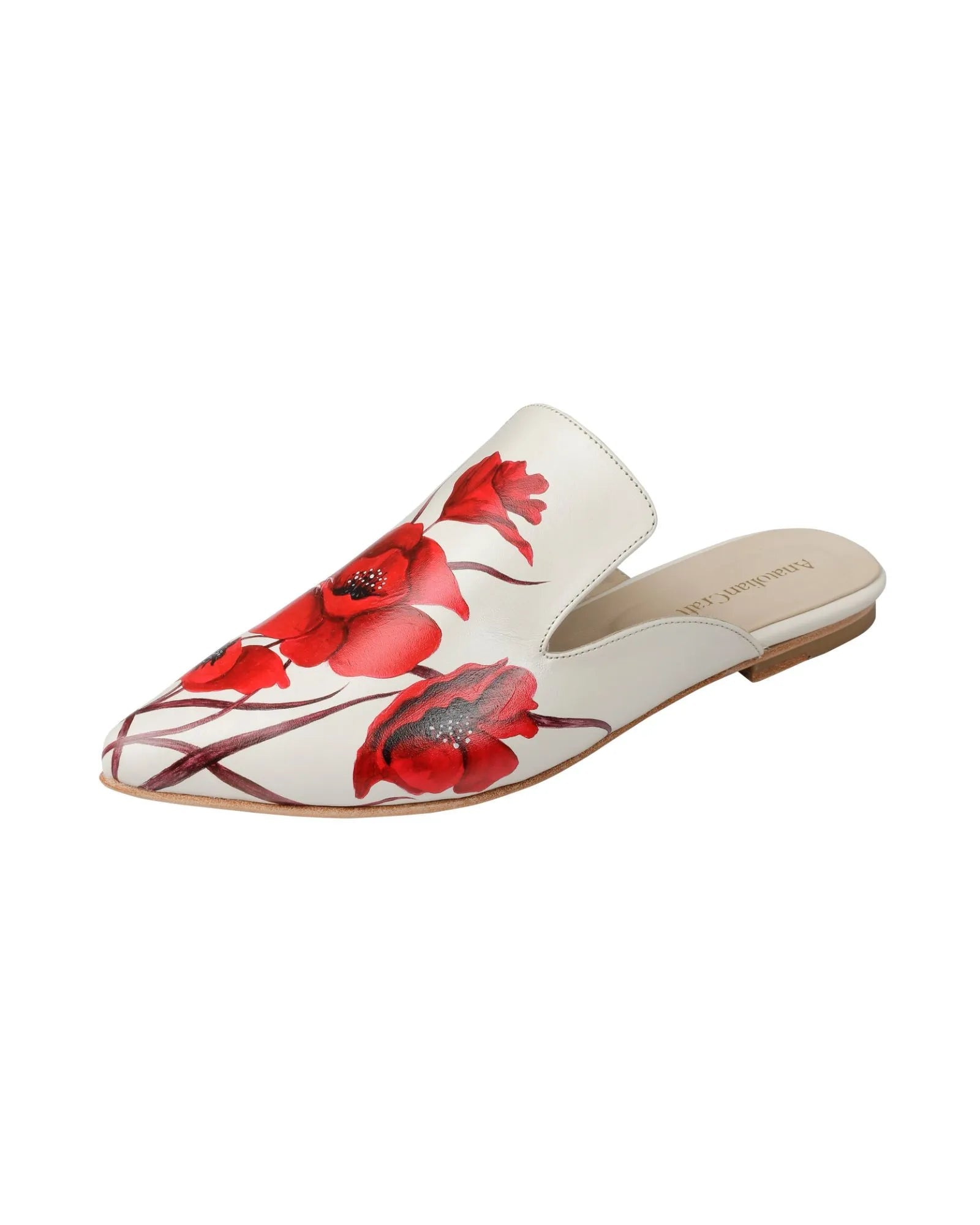 Whispering Poppies - Beige Leather Mules - AnatolianCraft