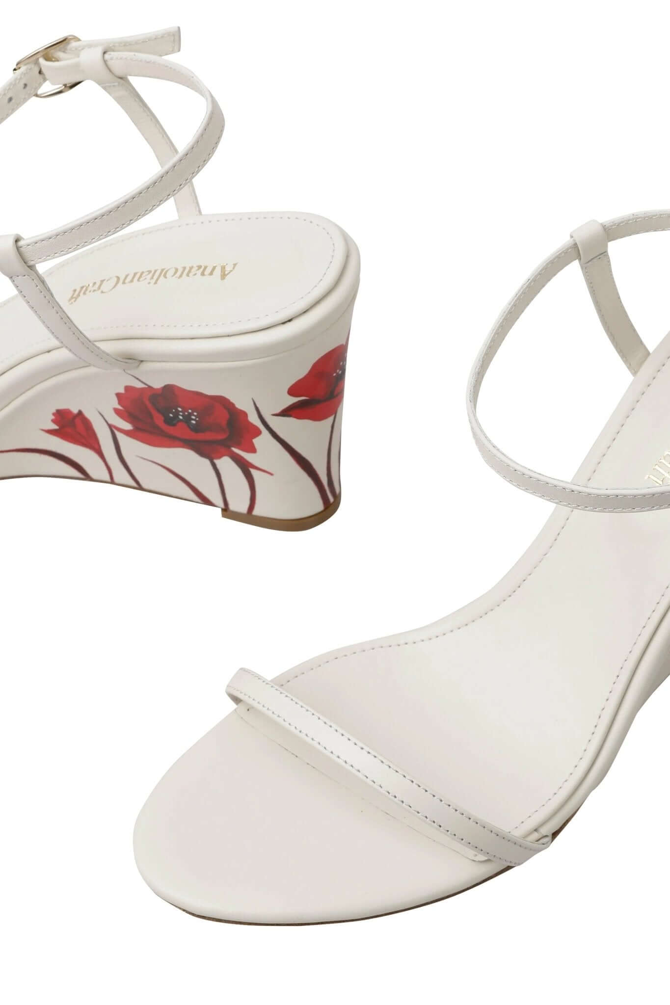Whispering Poppies - Beige Leather Wedged Sandals - AnatolianCraft