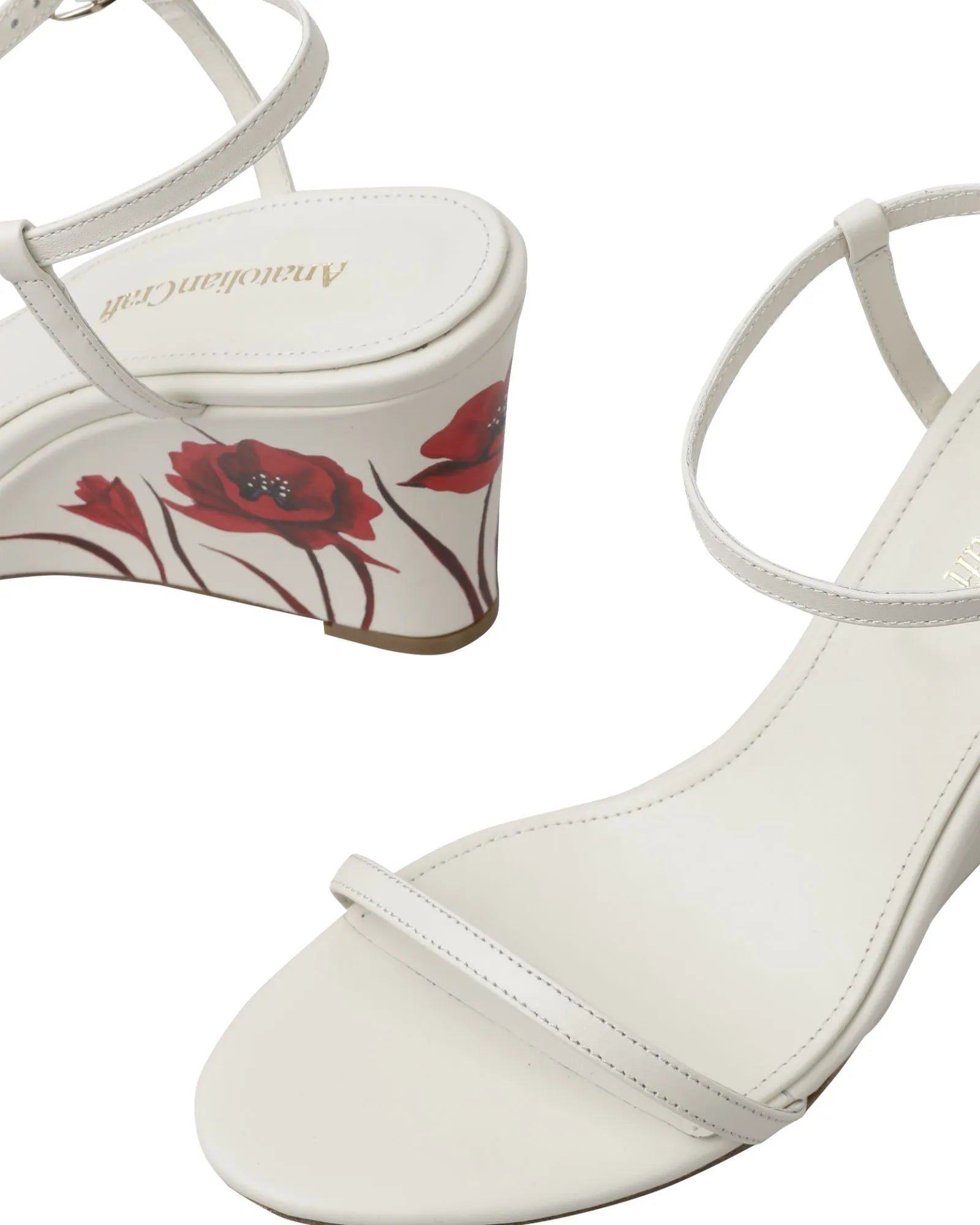 Whispering Poppies - Beige Leather Wedged Sandals - AnatolianCraft