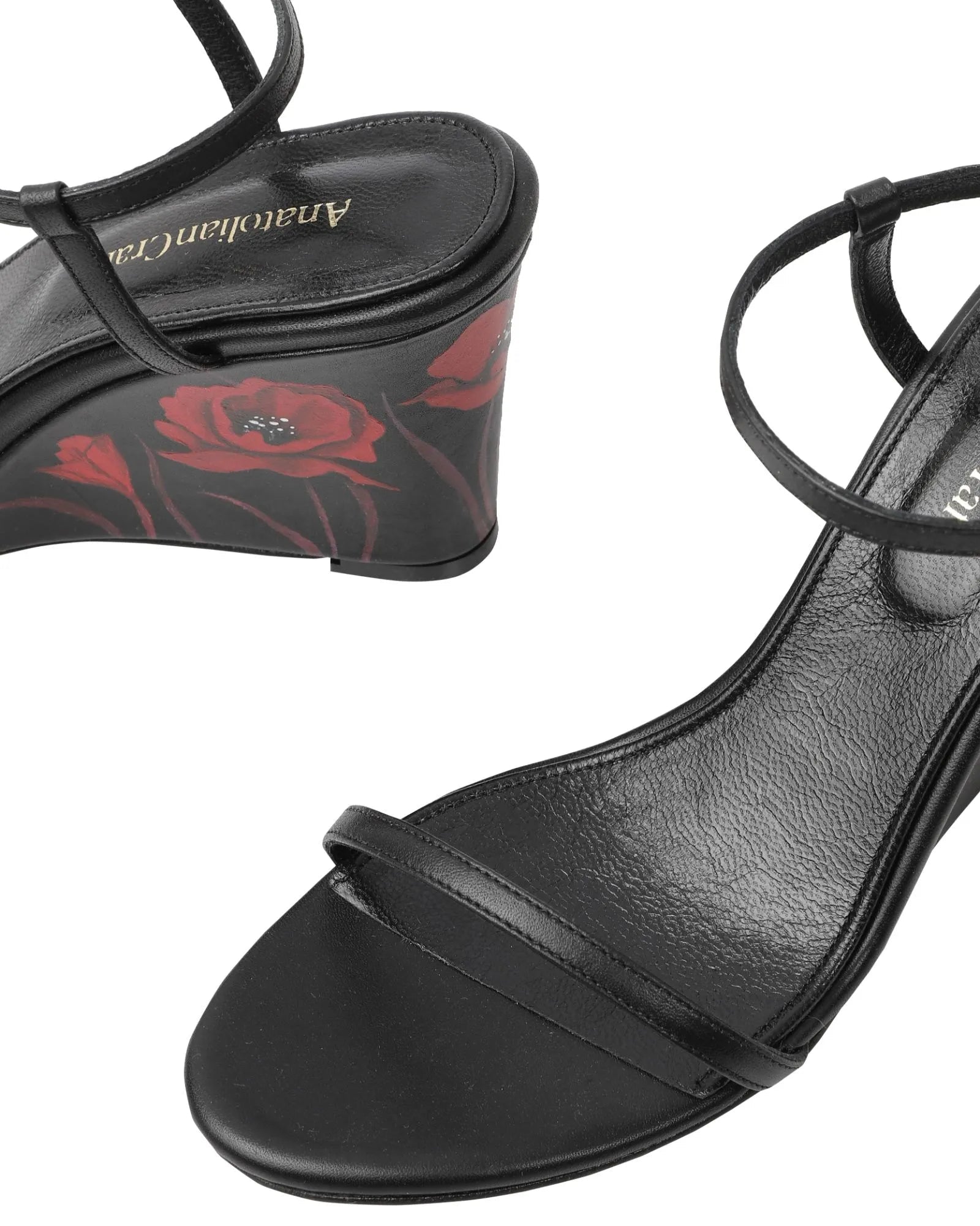 Whispering Poppies - Black Leather Wedged Sandals - AnatolianCraft