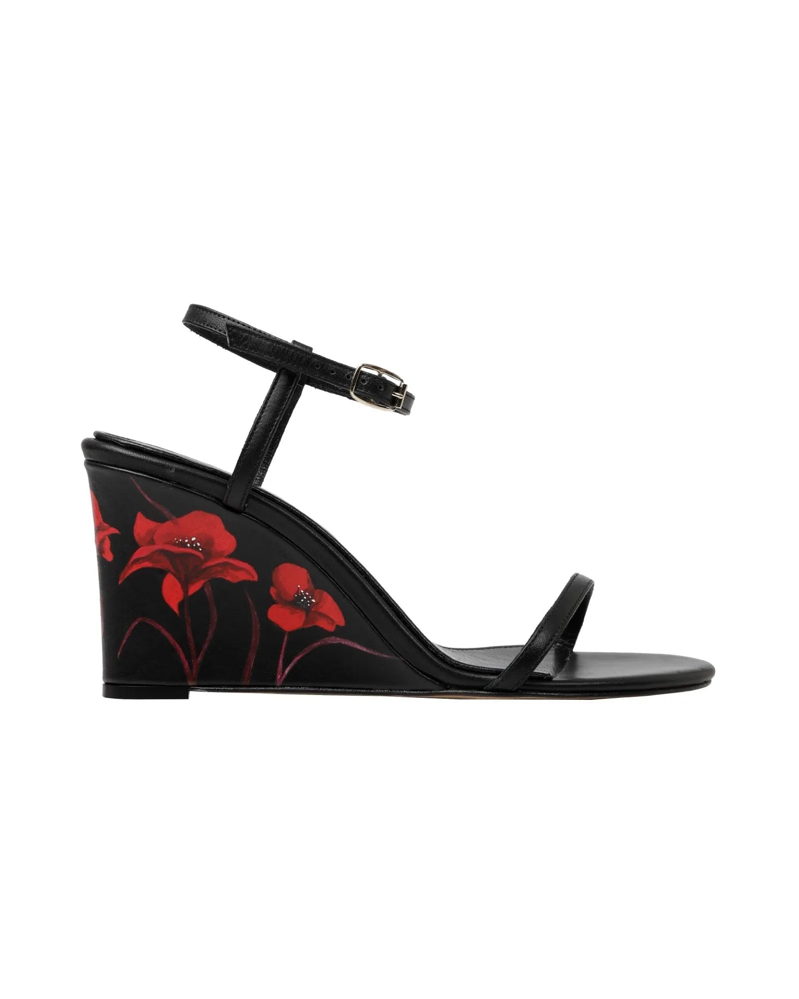 Whispering Poppies - Black Leather Wedged Sandals - AnatolianCraft