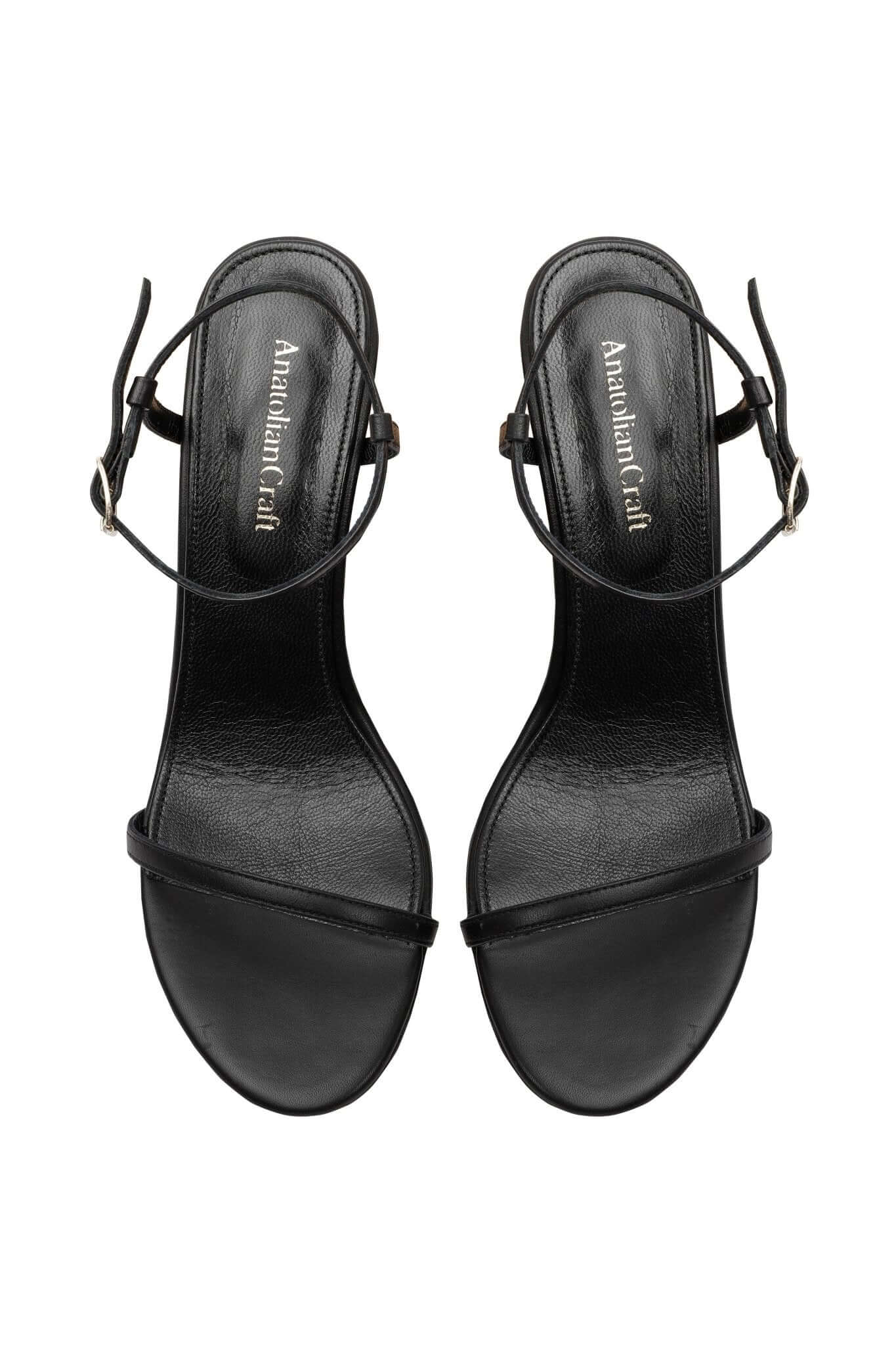 Whispering Poppies - Black Leather Wedged Sandals - AnatolianCraft