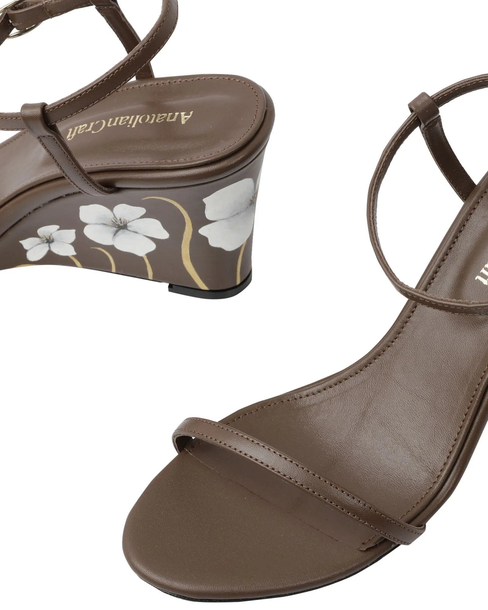 Whispering Poppies - Brown Leather Wedged Sandals - AnatolianCraft